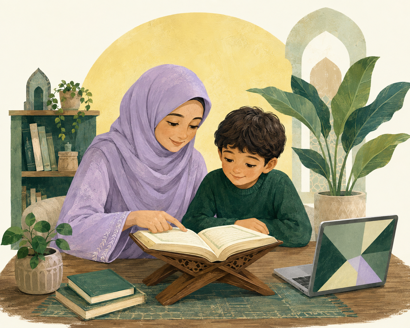 Illustration of a mother and child exploring Quran learning together at home.